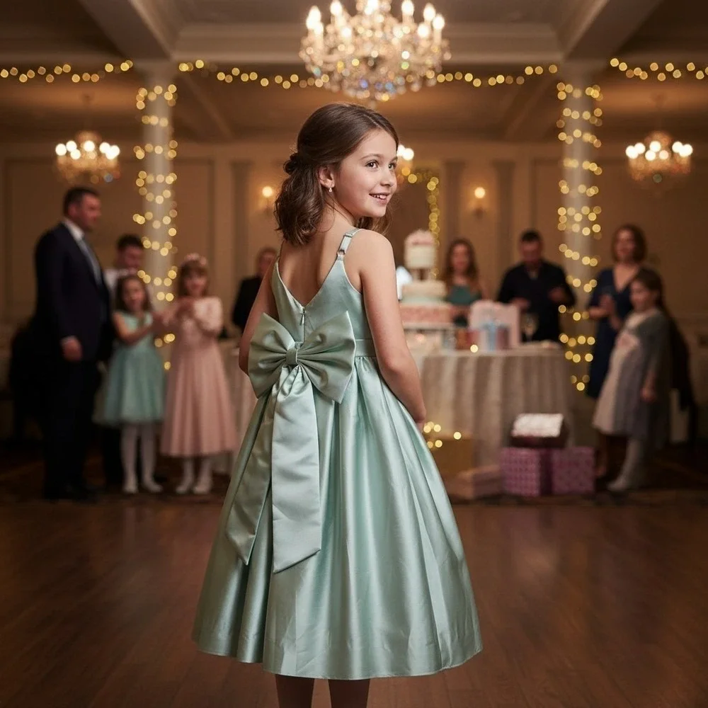 Girls Satin Maxi Dress 8 Green Detachable Bow Adjustable Straps Formal  NWT